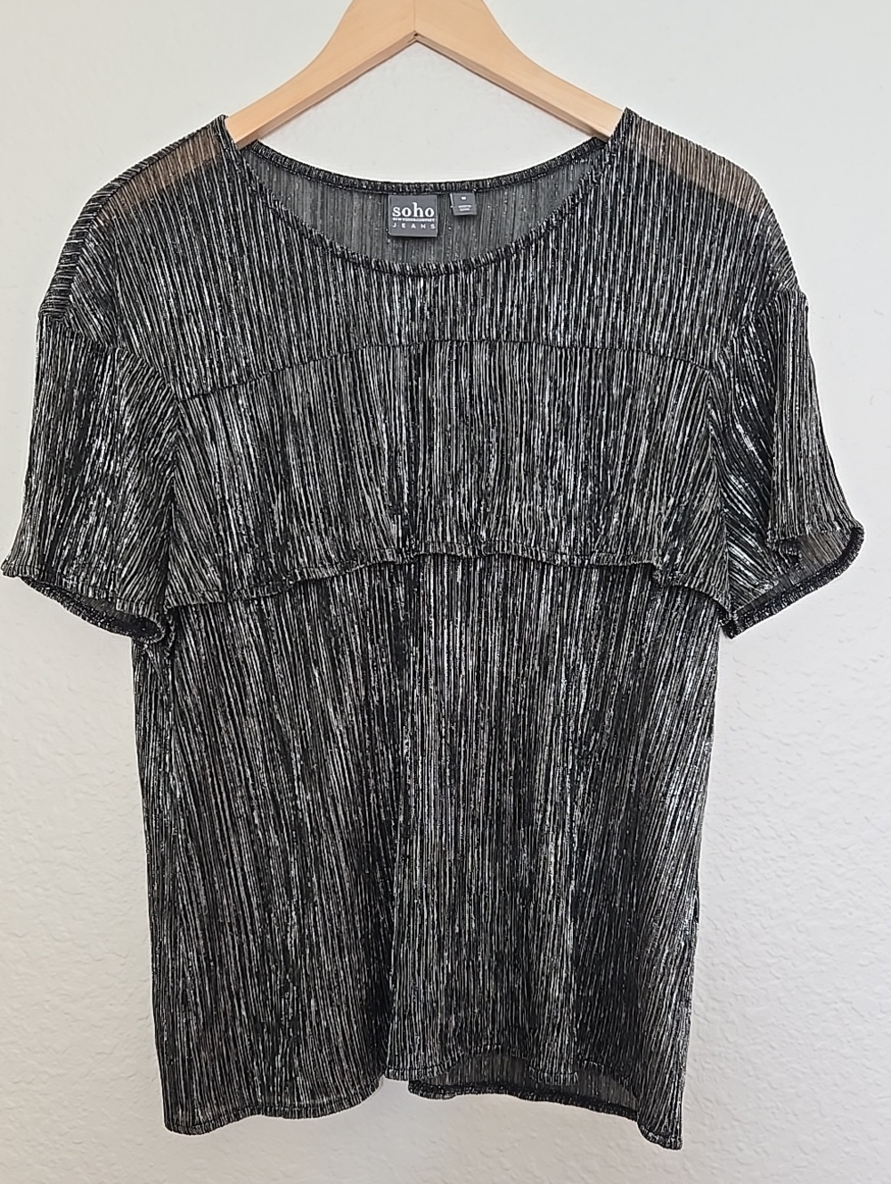 Soho Black & Silver Short Sleeve Metallic-Striped Sheer Nightout Party Blouse